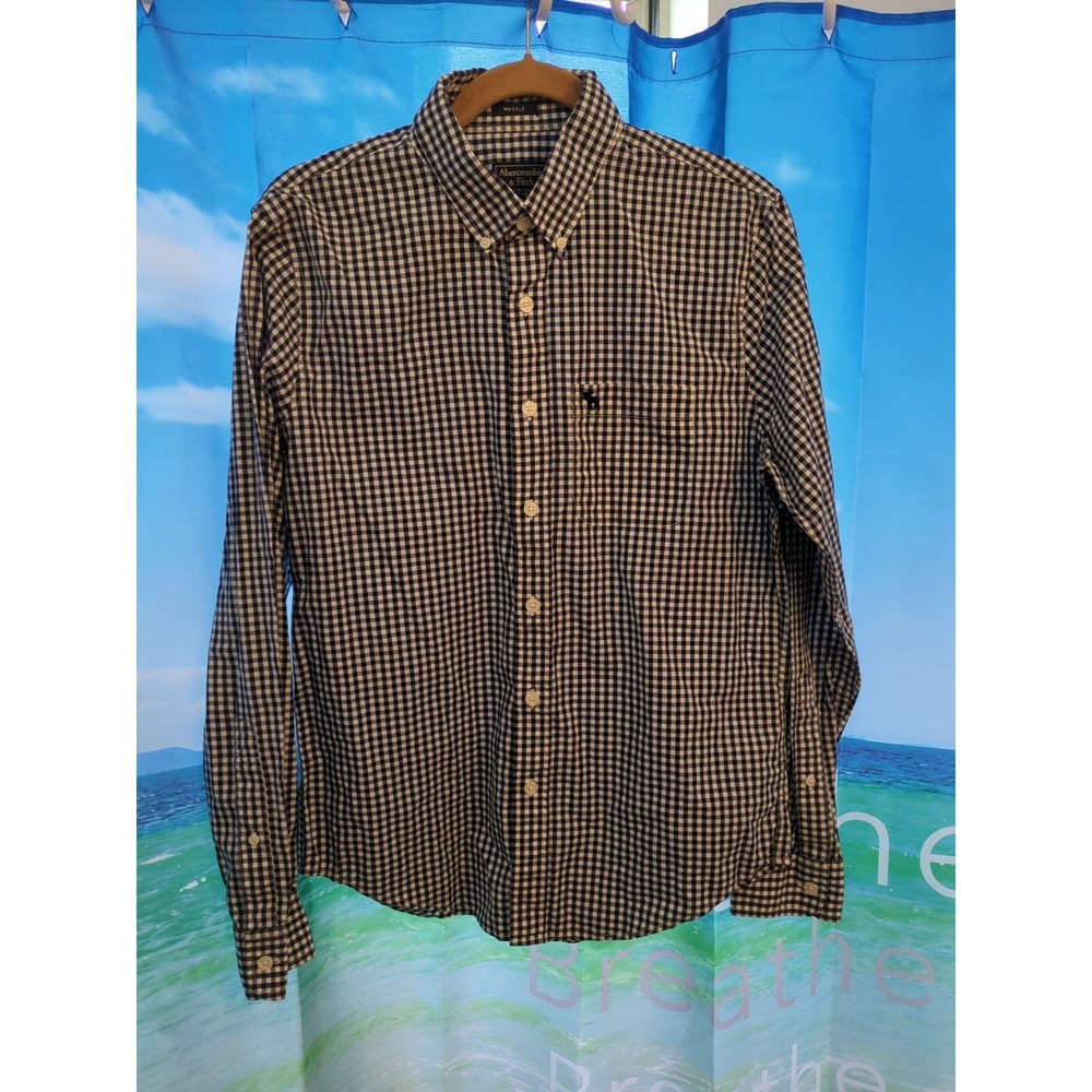 Abercrombie Fitch Muscle Blue White Checkered Shirt Button Up Men Size M A16